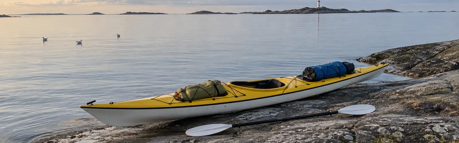 Packad havskajak på en kal klippa långt ute i havsbandet, med en fyr på en ö i fjärran