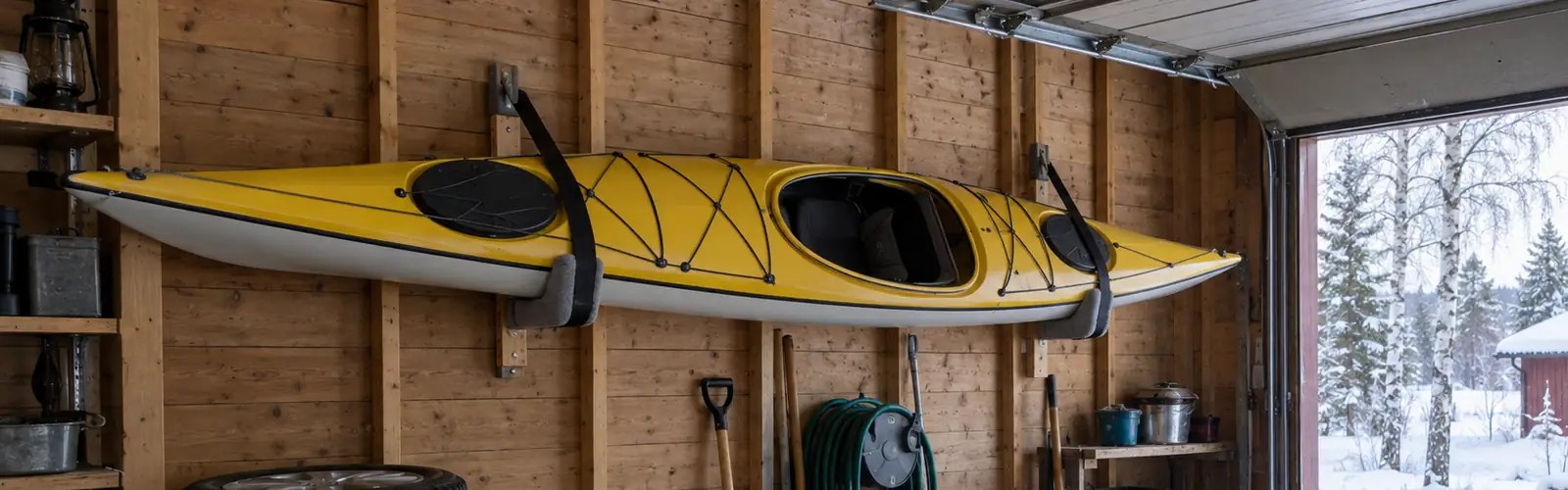 Gul och vit kajak upphängd på väggkonsoler med remmar i ett garage, med snö utanför den öppna porten