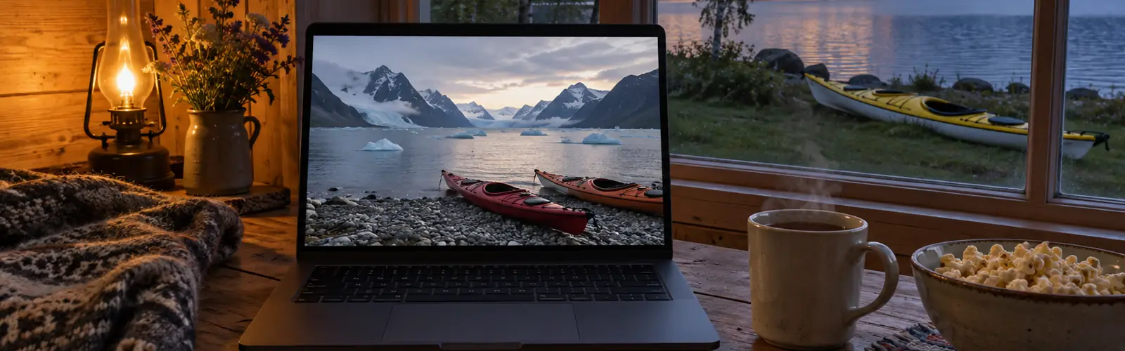 Bärbar dator på ett stugbord som visar en filmbild av kajaker på en strand bland isberg, med te och popcorn, och en kajak utanför fönstret