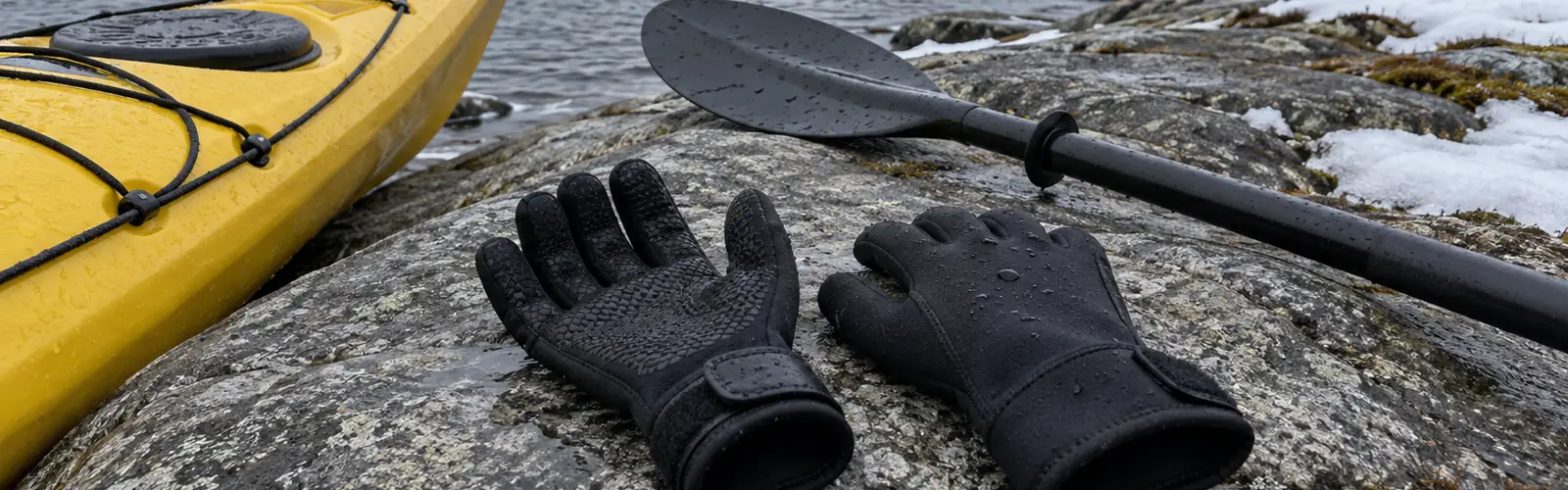 Ett par svarta neoprenhandskar på en blöt klipphäll bredvid en paddel och fören på en gul kajak, med snöfläckar och is på sjön