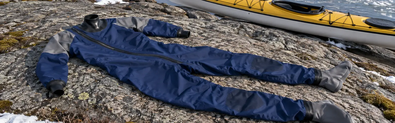 Blå torrdräkt med halsmudd, handledsmuddar och fotsockor utlagd på en klipphäll, bredvid en havskajak vid islagd sjö på våren