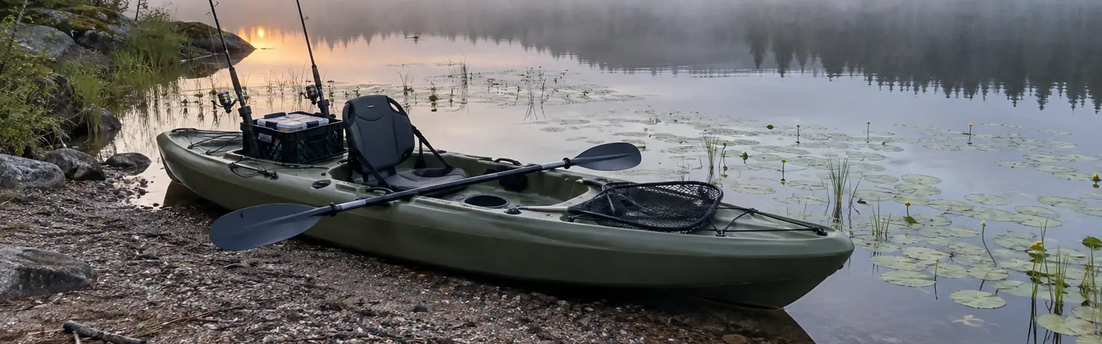 Grön sit-on-top-fiskekajak med fiskespön i spöhållare, sits, håv och paddel vid stranden av en dimmig skogssjö i gryningen