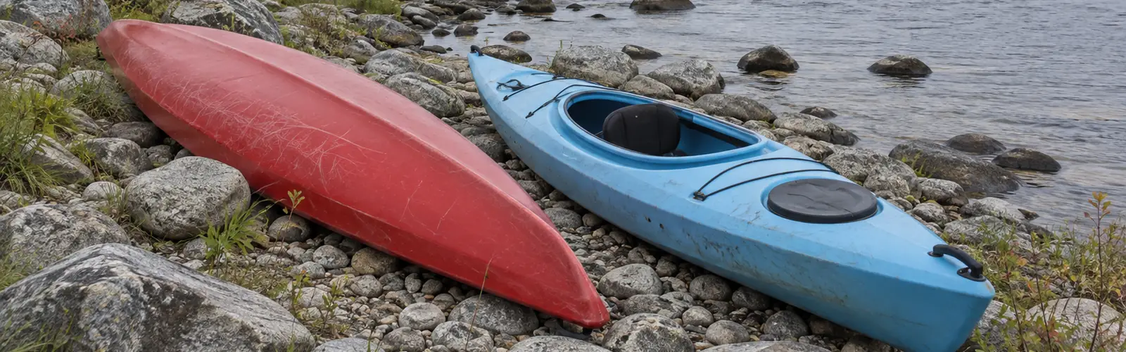 Två plastkajaker, en röd upp och ner med repigt skrov och en ljusblå, på en stenig älvstrand