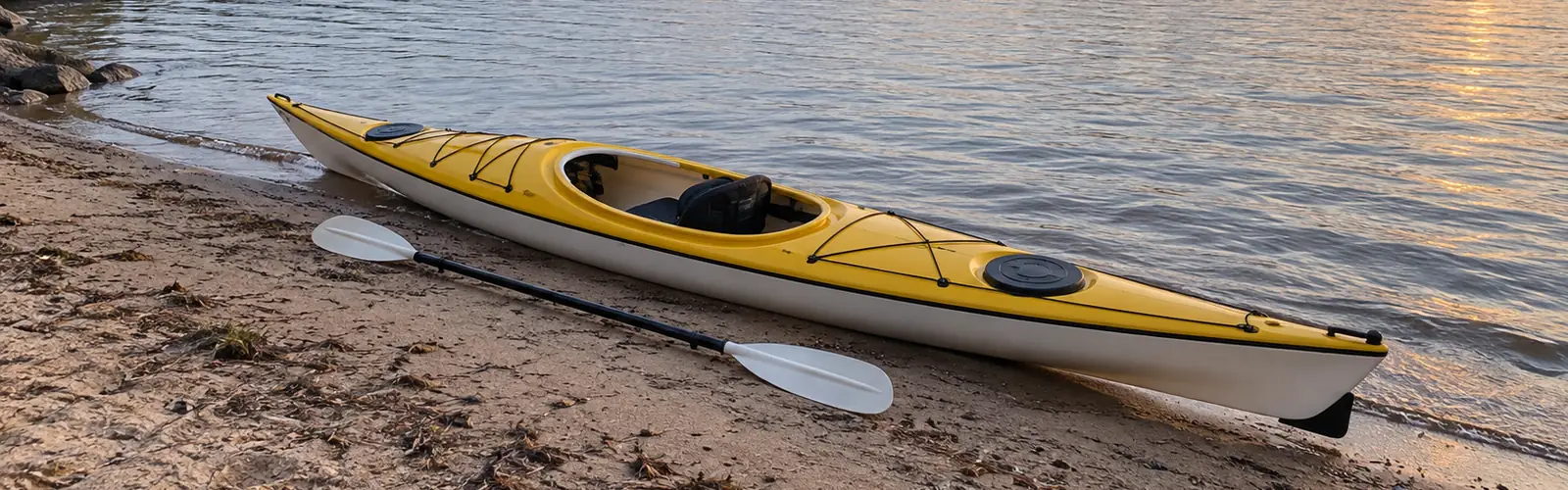 Gul och vit havskajak med paddel på en sandstrand vid en sjö i kvällsljus