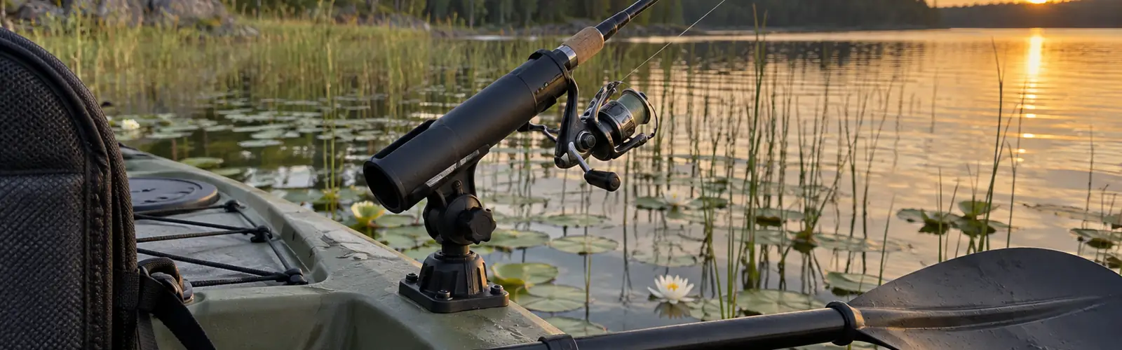 Spöhållare med fiskespö och rulle monterad på en grön fiskekajak bland näckrosor i kvällsljus
