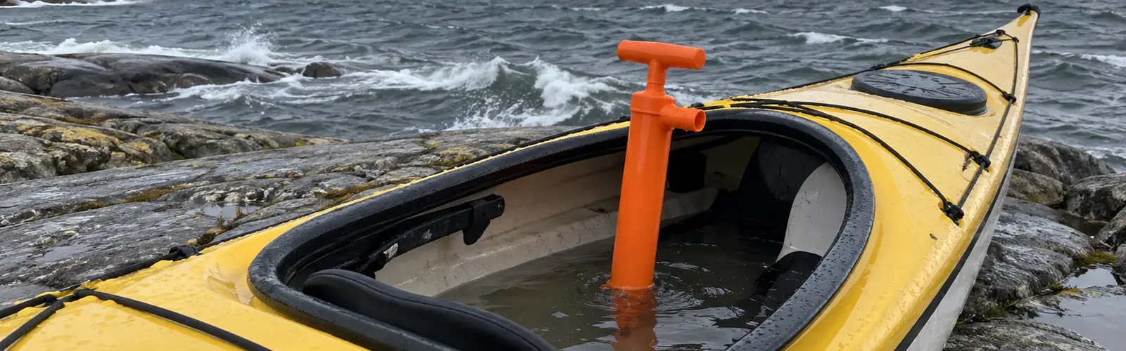 Orange länspump nedstucken i en vattenfylld sittbrunn på en havskajak på klipporna vid en blåsig kust