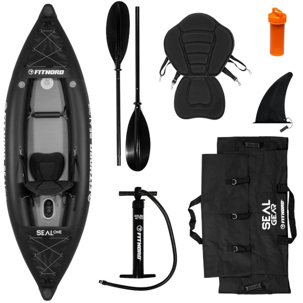 Fitnord Seal One kit med kajak som blåses upp, paddel, fena med mera